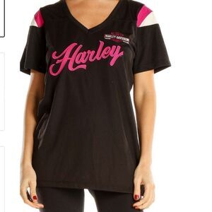 HARLEY Davidson black Graphic Print Retro T-Shirt v neck LARGE womens to…